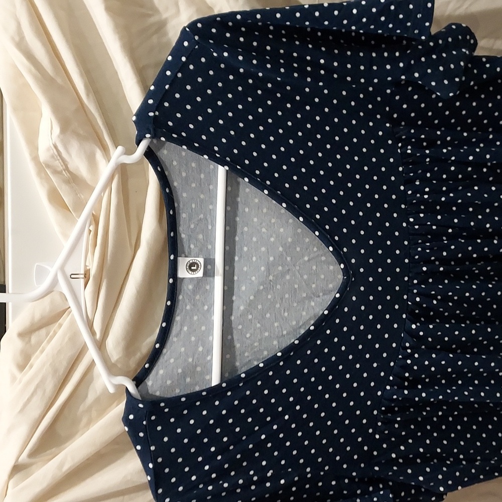 *Your Style Dark Navy Blue with White Polka Dots Flared Short Sleeved Shirt L